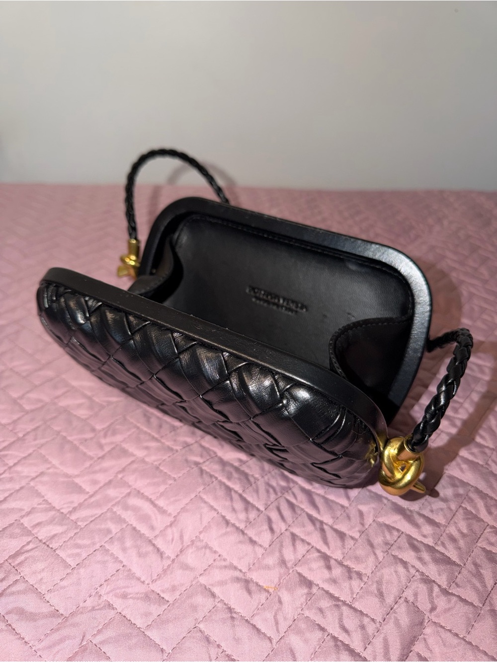 Black Woven Leather Crossbody Clutch with Gold Hardware